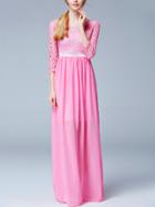 Romwe Pink Round Neck Lace Insert Maxi Dress