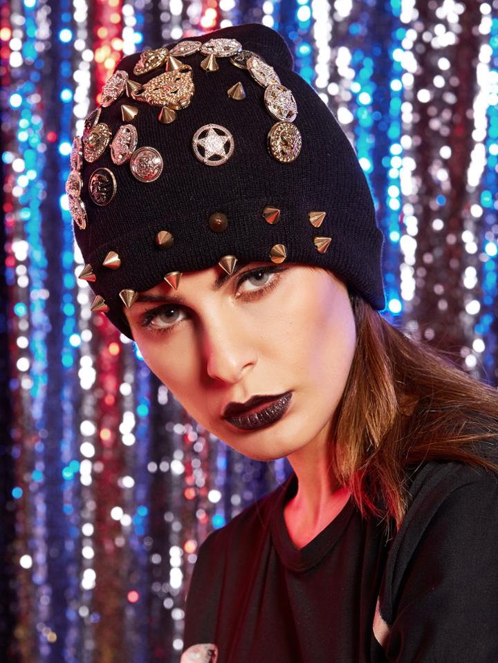 Romwe Badges Studded Embelished Knit Hat