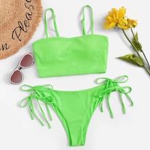 Romwe Robbed Top With Tie Side Bikini Set