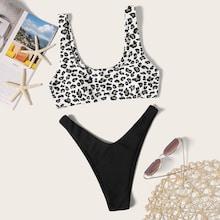 Romwe Leopard Tank Top With High Cut Bikini Set