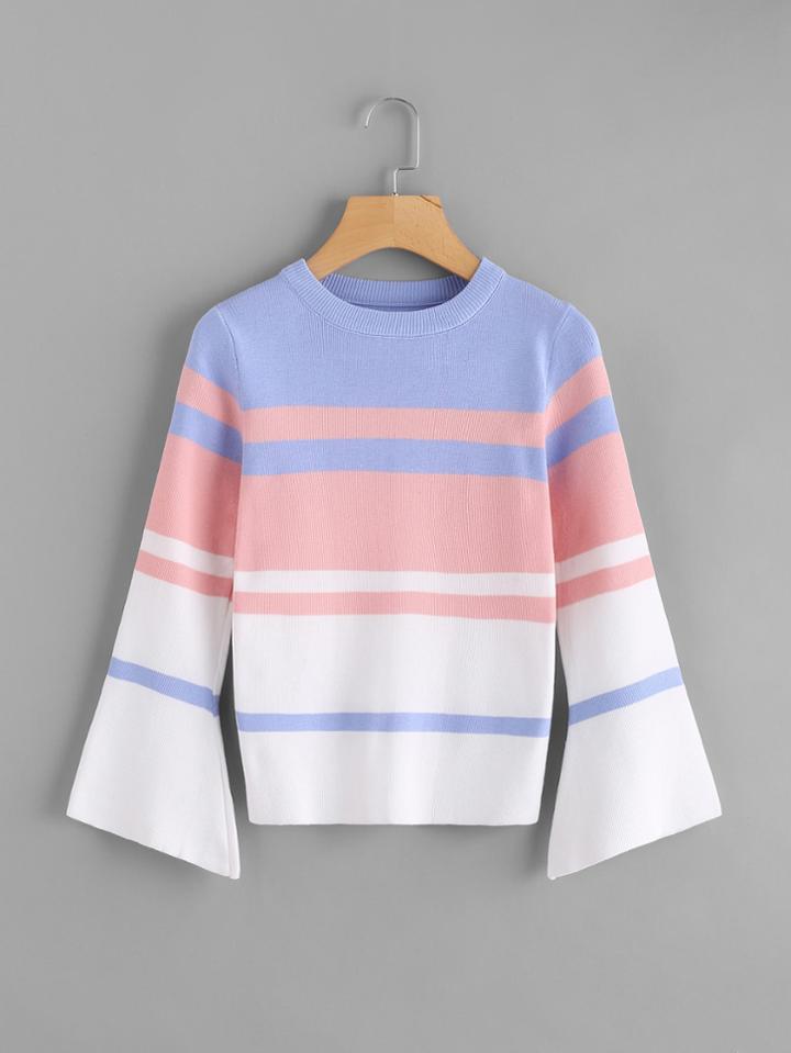 Romwe Bell Sleeve Striped Knit Sweatshirt