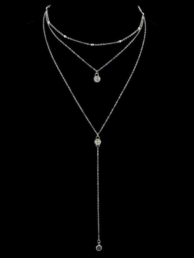 Romwe Silver Rhinestone Pendant Long Necklace