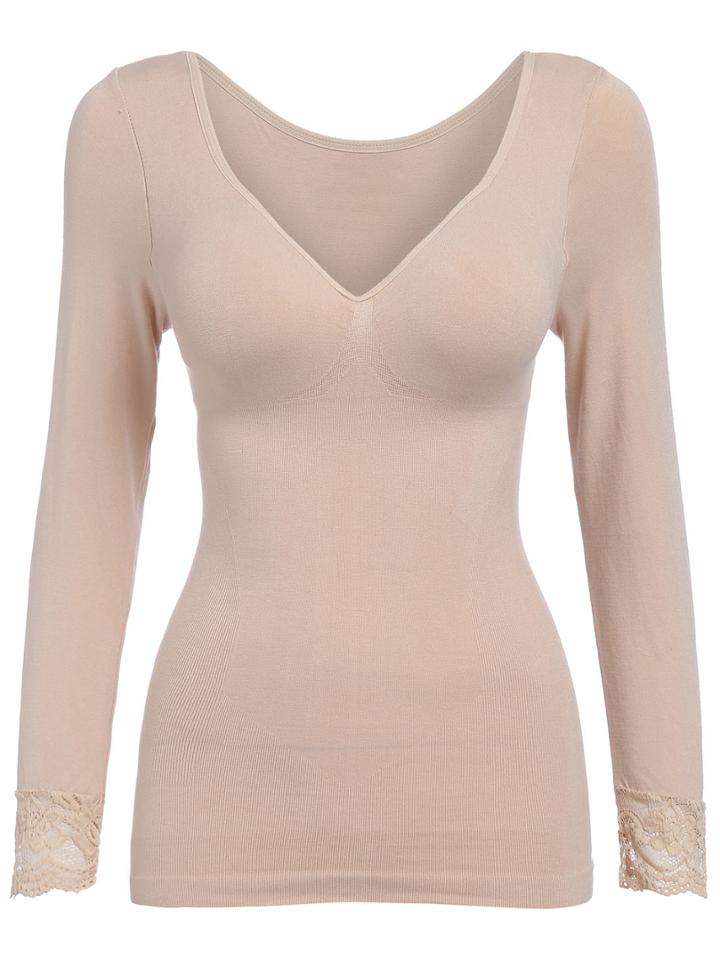 Romwe V Neck Lace Insert Thicken Nude T-shirt
