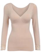 Romwe V Neck Lace Insert Thicken Nude T-shirt