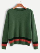 Romwe Green Drop Shoulder Striped Trim Sweater
