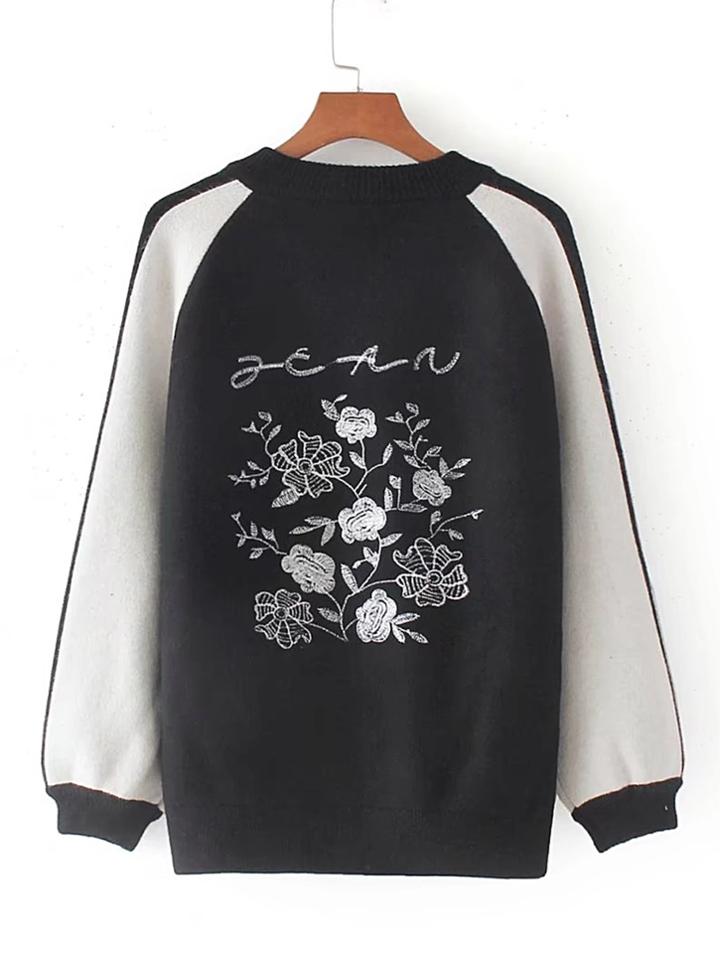 Romwe Flower Embroidery Zipper Up Baseball Sweater