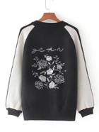 Romwe Flower Embroidery Zipper Up Baseball Sweater