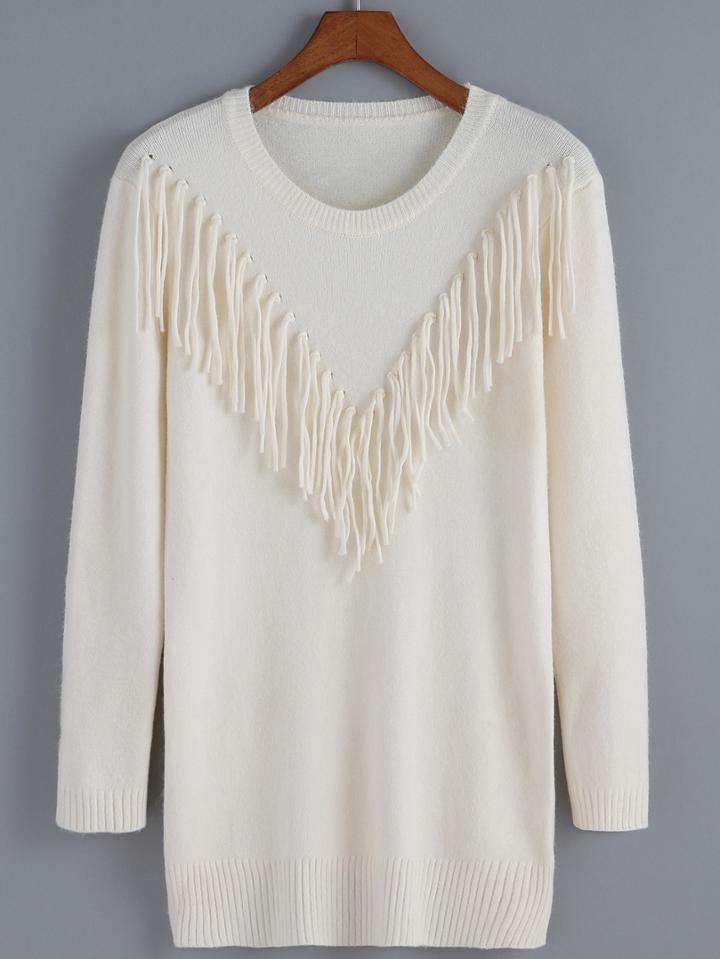 Romwe Round Neck Tassel Apricot Sweater