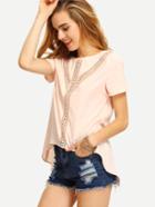 Romwe Pink Crochet Panel Short Sleeve T-shirt