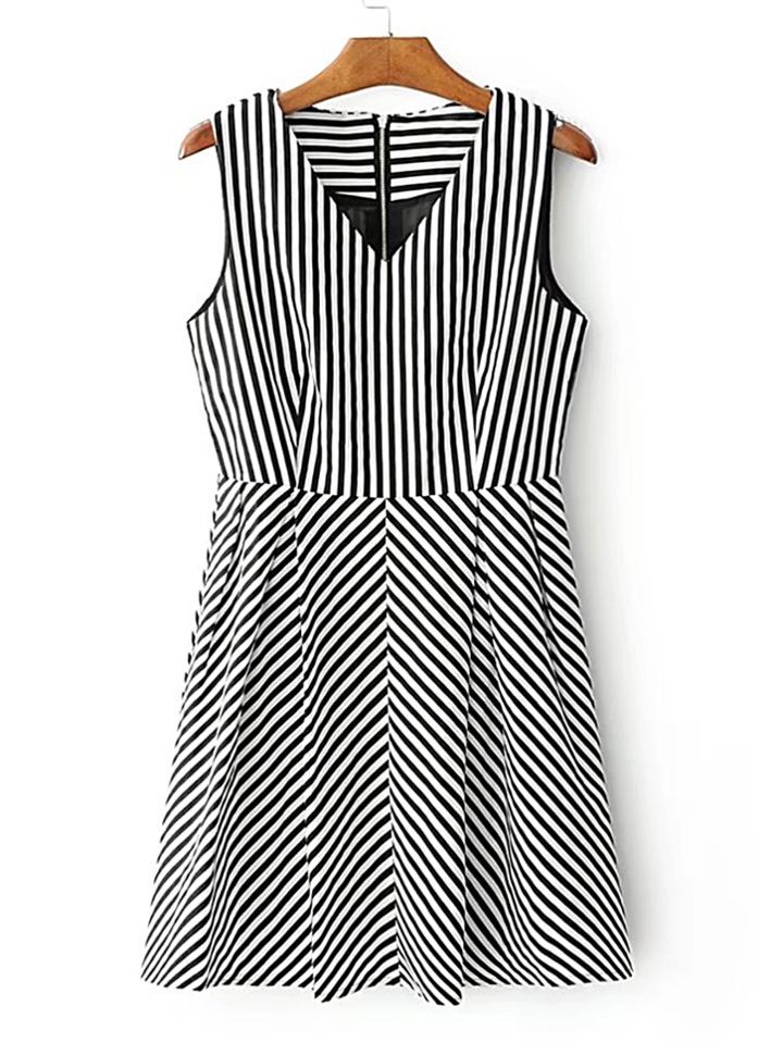 Romwe Contrast Striped Sleeveless Pleated Dress