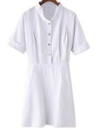 Romwe White Band Collar Buttons Front Roll Cuff Stripe Dress