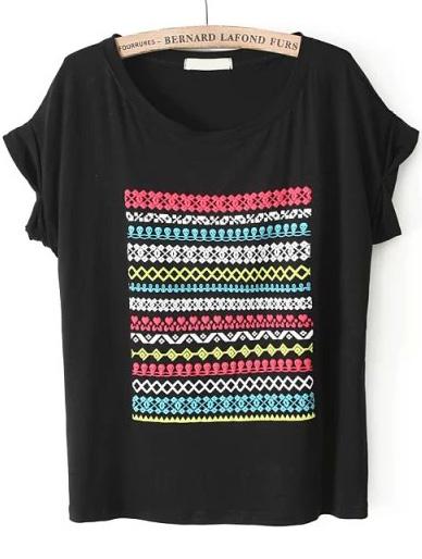 Romwe Round Neck Floral Loose Black T-shirt
