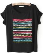 Romwe Round Neck Floral Loose Black T-shirt