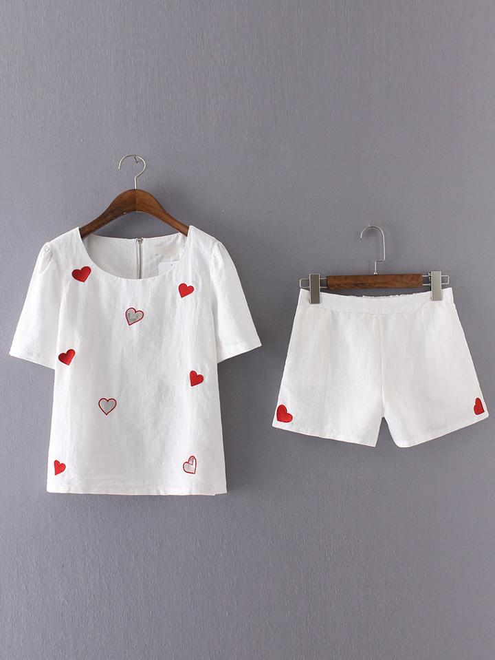 Romwe White Heart Embroidery Blouse With Elastic Waist Shorts