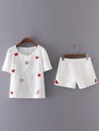 Romwe White Heart Embroidery Blouse With Elastic Waist Shorts