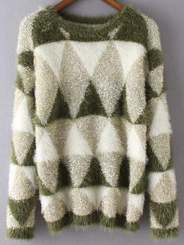 Romwe Geometric Print Shaggy Patchwork Sweater