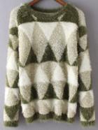 Romwe Geometric Print Shaggy Patchwork Sweater