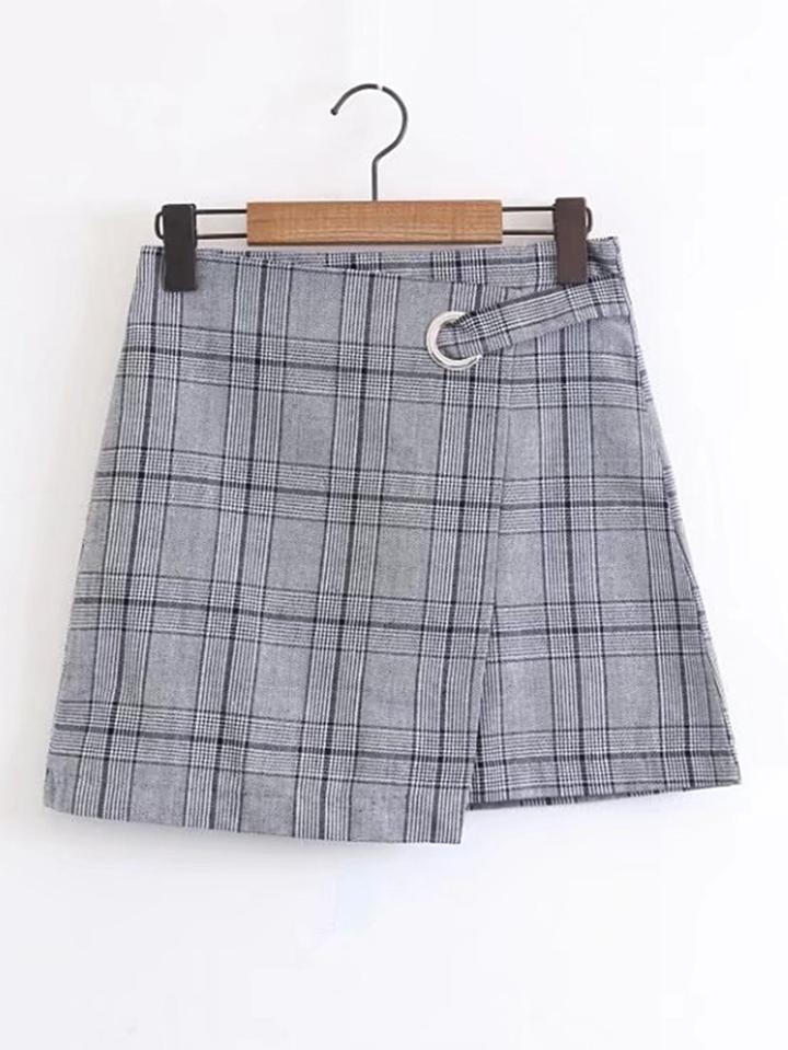 Romwe Grid Wrap Skirt With Ring Detail