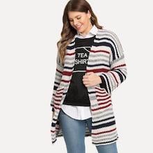 Romwe Plus Drop Shoulder Striped Knit Coat