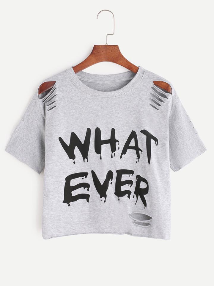 Romwe Grey Letter Print Ripped T-shirt