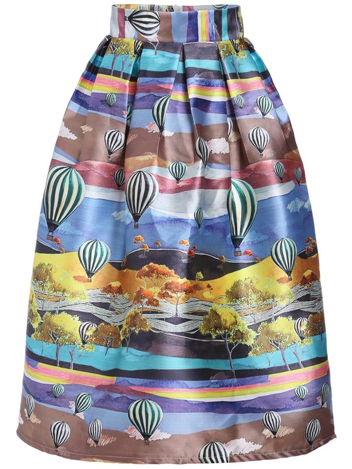 Romwe Hot Air Balloon Print Flare Skirt