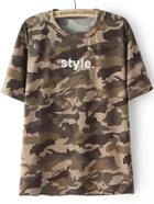 Romwe Letter Print Camouflage Khaki T-shirt