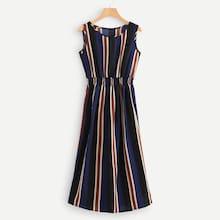 Romwe Barcode Stripe Shirred Waist Dress