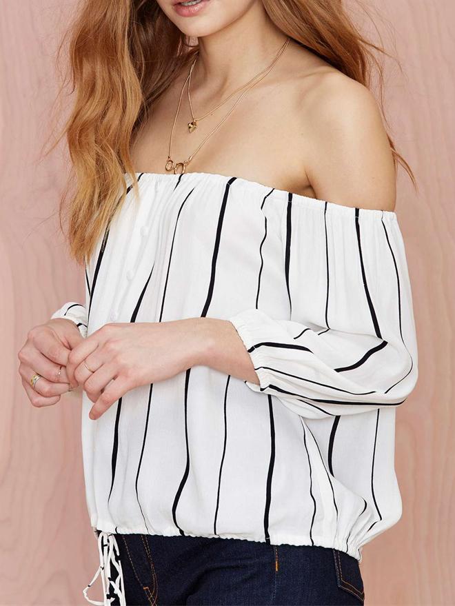 Romwe Off The Shoulder Vertical Striped Shirt