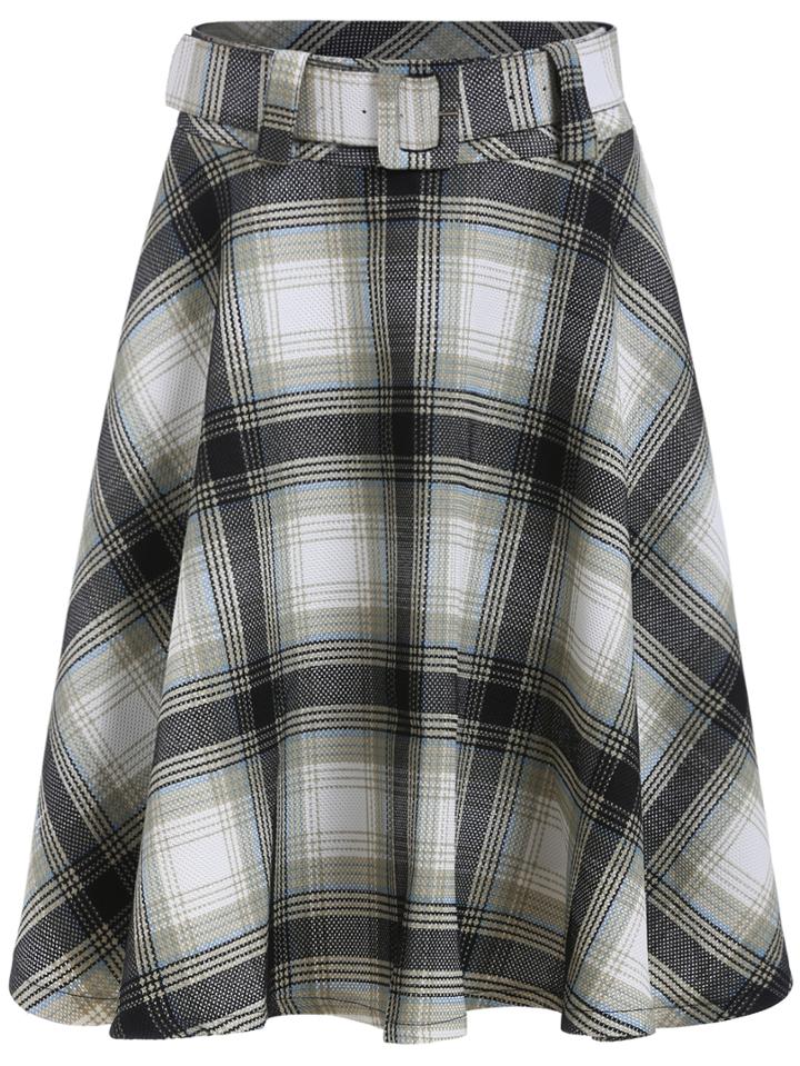 Romwe Plaid Belt Flare Skirt