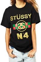 Romwe Romwe Stussy No 4 Print Black T-shirt