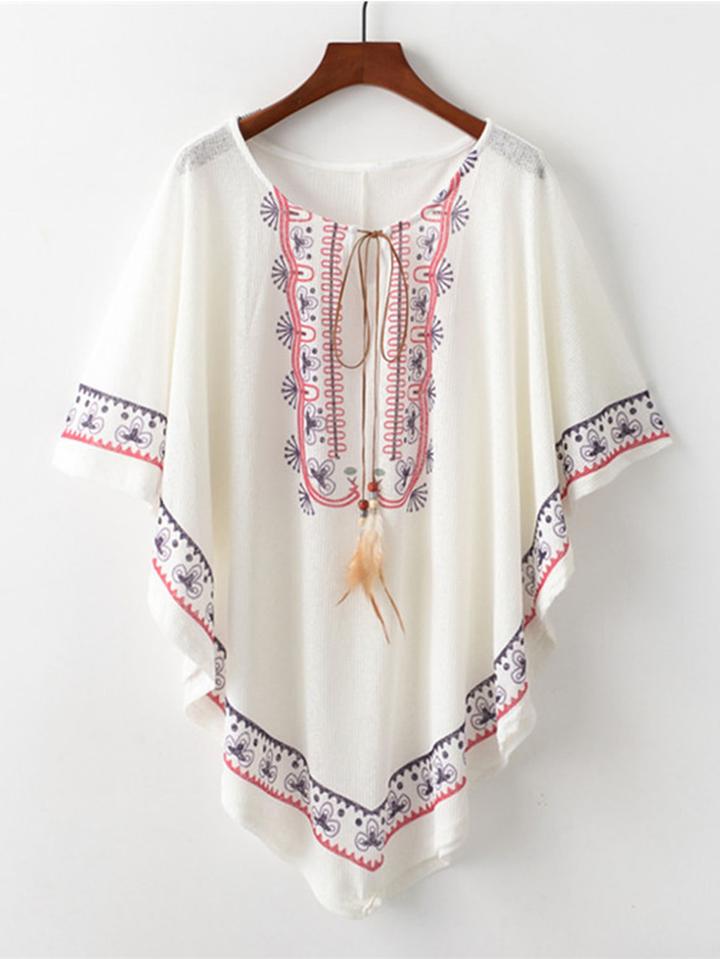 Romwe Geo Print Feather Drawstring Top