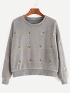 Romwe Grey Dropped Shoulder Seam Embroidered Fuzzy Sweatshirt