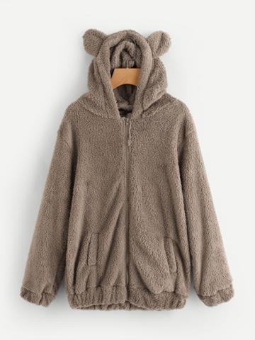 Romwe Faux Shearling Hooded Bear Coat