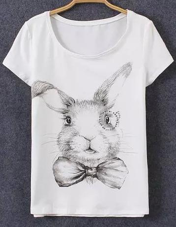 Romwe With Diamond Rabbit Print White T-shirt