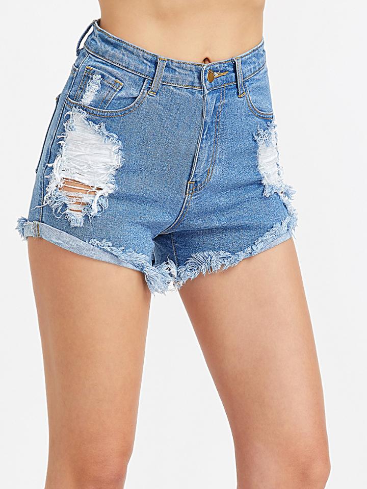 Romwe Frayed Roll Hem Distressed Denim Shorts