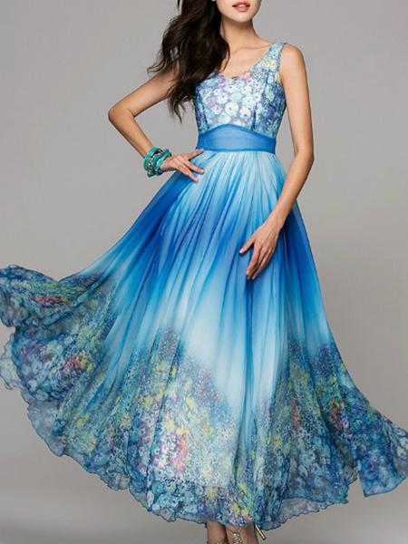 Romwe Blue V Neck Floral Ombre Maxi Dress