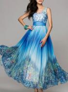Romwe Blue V Neck Floral Ombre Maxi Dress