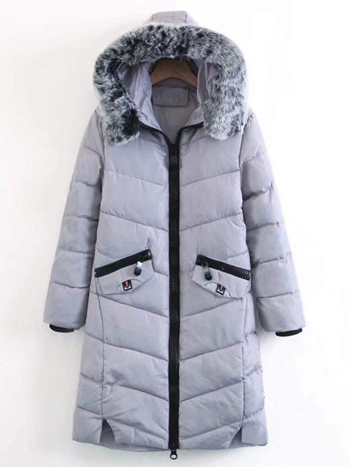 Romwe Faux Fur Hooded Longline Padded Coat