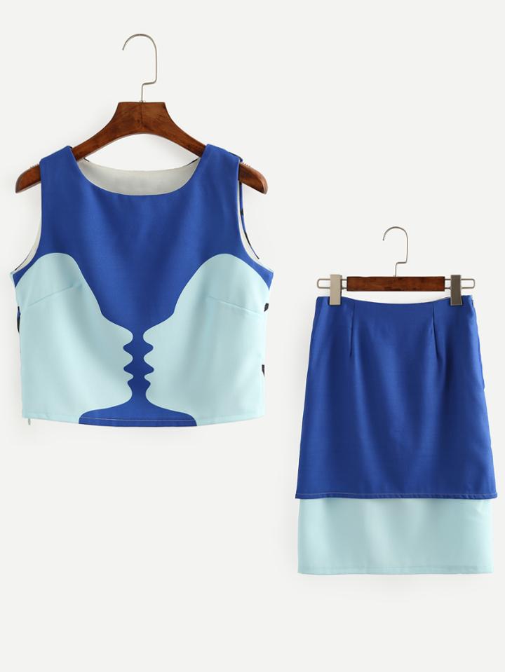 Romwe Contrast Head Outline Print Top With Layered Asymmetric Skirt
