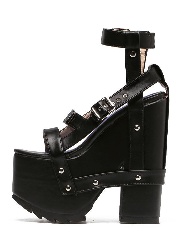 Romwe Black Peep Toe Buckle Strappy Platform Chunky Wedges