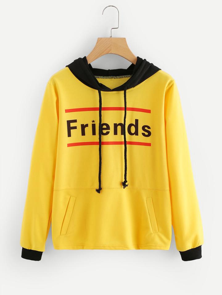 Romwe Contrast Hooded Letter Print Sweatshirt