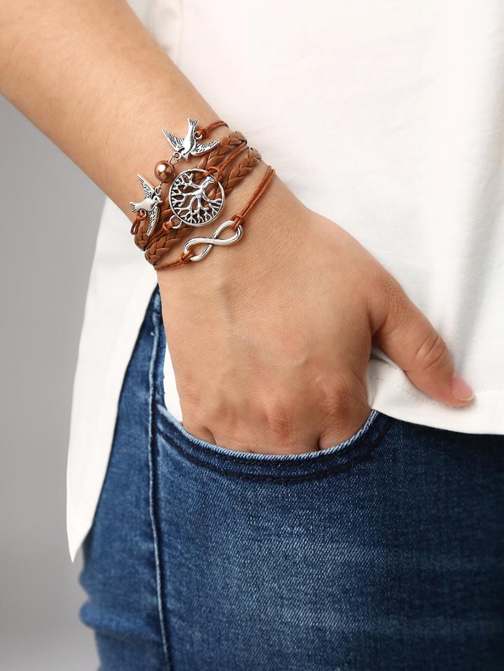 Romwe Brown Braid Tree Birds Bracelet