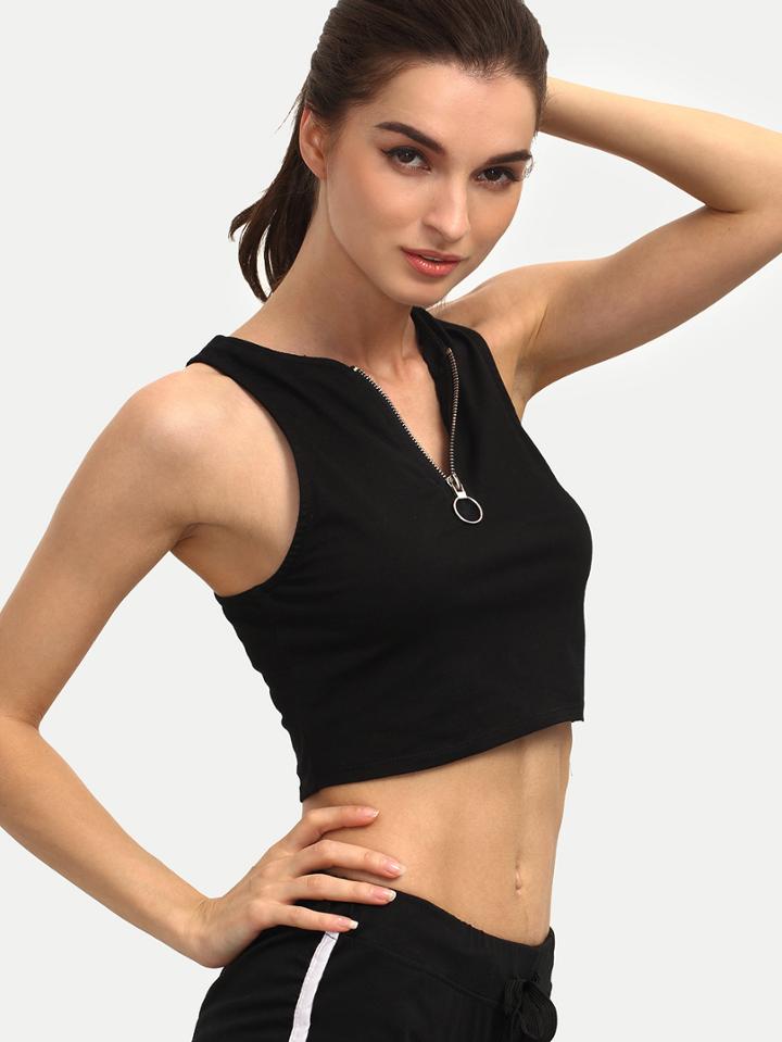 Romwe Black Zipper Crop Top