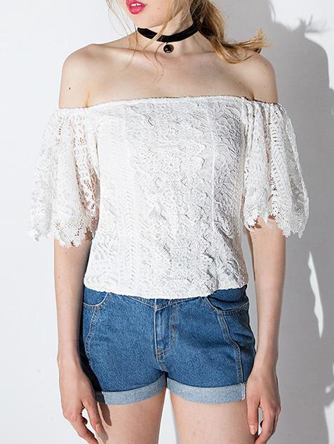 Romwe Off The Shoulder Lace Crochet Shirt