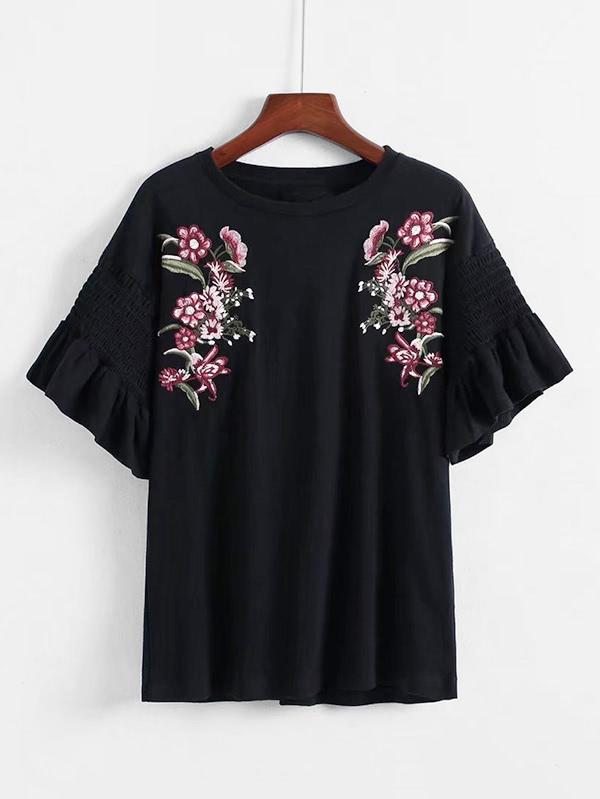 Romwe Flounce Sleeve Embroidered Tee