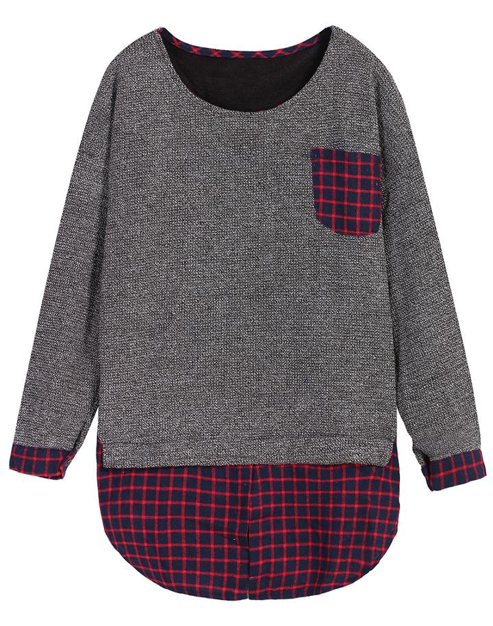 Romwe Contrast Plaid Hem Loose Grey Sweater
