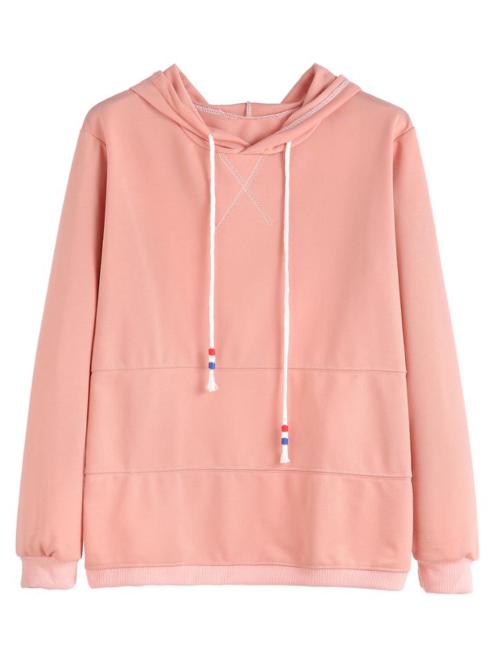 Romwe Pink Drawstring Hooded Sweatshirt