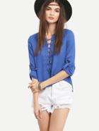 Romwe Lace-up Rolled Sleeve Blouse - Blue