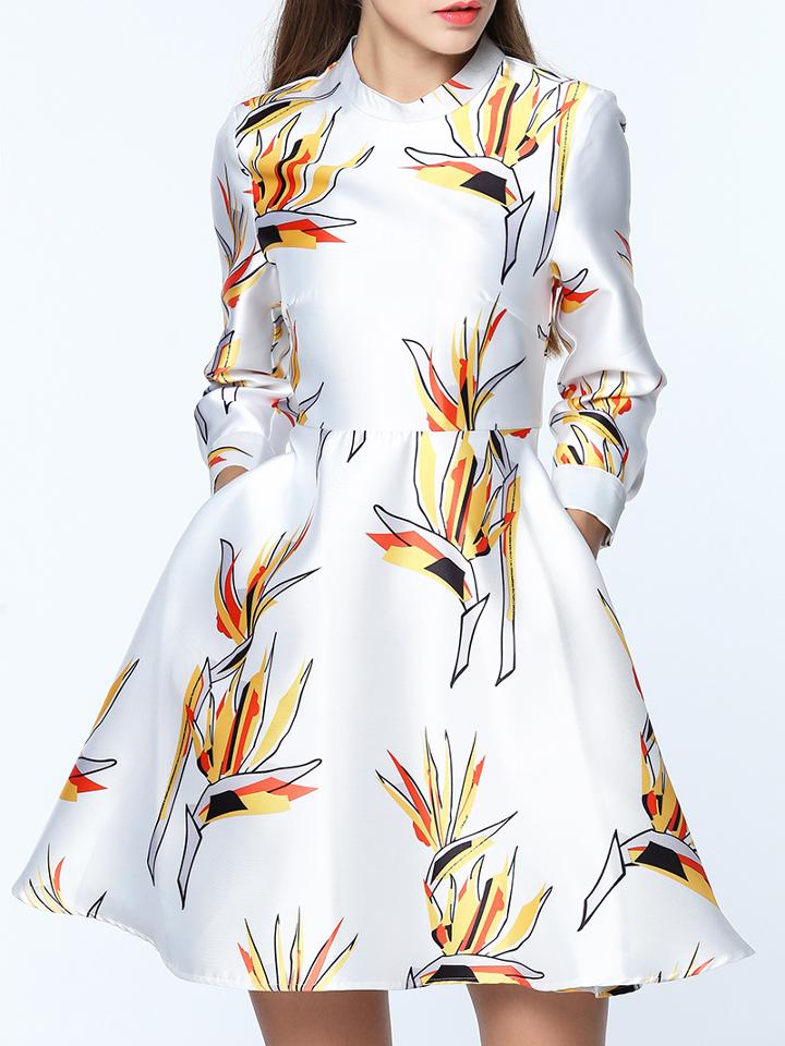 Romwe White Round Neck Long Sleeve Pockets Print Dress