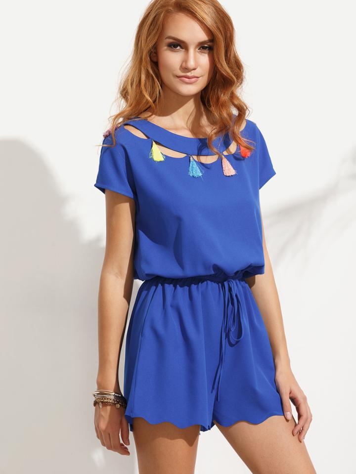 Romwe Royal Blue Tie Waist Tassel Cutout Scallop Hem Jumpsuit